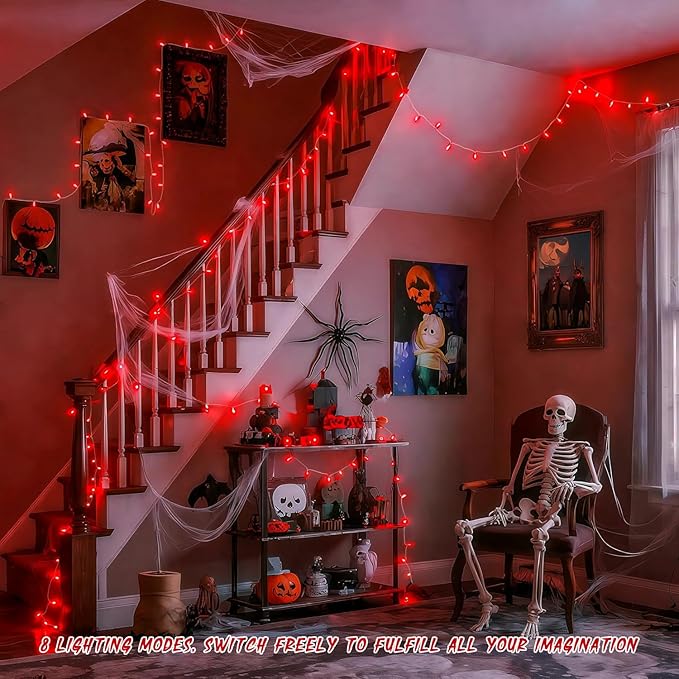 JMEXSUSS 150 LED Red Halloween Lights Indoor Outdoor Waterproof, Connectable 59 Ft Red String Lights Plug in, 8 Modes Christmas Light for Bedroom Patio Party Halloween Decor