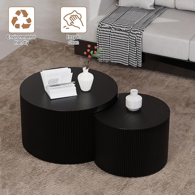 Round Nesting Coffee Table Wood Drum Nesting Tables Modern Stacking Coffee Table Set of 2 Fluted Center Table End Table for Living Room Home Office Small Spaces, No Assembling (Black Crescent)