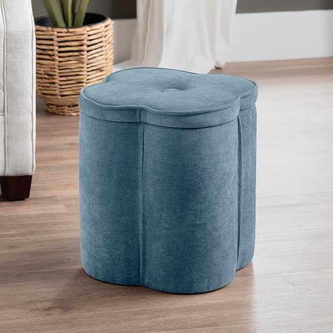 Crestview Collection Flower Pouf Ottoman with Storage,Chenille Fabric Foot Rest for Couch, Small Mordern Footstool for Vanity, Bedroom, Living Room,Under Desk, Navy Blue,18 inches