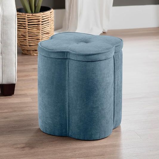 Crestview Collection Flower Pouf Ottoman with Storage,Chenille Fabric Foot Rest for Couch, Small Mordern Footstool for Vanity, Bedroom, Living Room,Under Desk, Navy Blue,18 inches