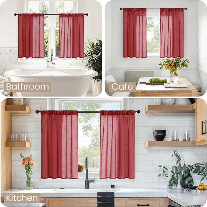 BGment Semi Sheer Curtains 36 Inch Length for Short Kitchen Window, Burgundy Linen Small Drapes Lightweight Textured Rod Pocket Christmas for Bathroom Cafe Over Sink, 2 Panels Set, Each 42 Inch Wide