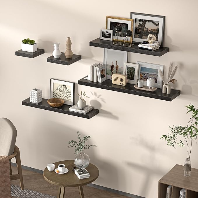 Square Floating Shelves for Wall, 12" W x 12" D x 1.2" H, Small Wooden Wall Mounted Display Shelves with Invisible Brackets for Living Room, Bedroom, Bathroom, Kitchen Decor, Set of 3, Black