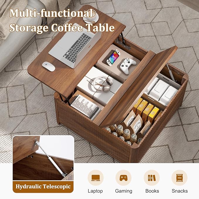 LYNCOHOME Fluted Lift Top Coffee Table with Storage, Square Coffee Tables for Living Room, Coffee Table with Large Hidden Storage Compartment and Adjustable Shelves，Walnut