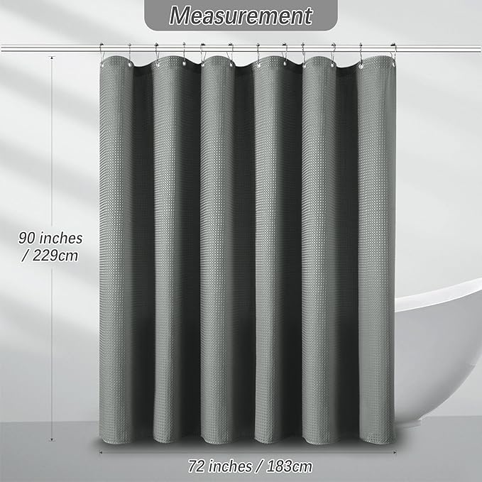 72 x 90 Shower Curtain Waterproof Fabric Shower Curtain Waffle Weave Heavy Duty Shower Curtain Set for Bathroom,Washable, 256GSM Modern Shower Curtains with 12 Metal Hooks, 72Wx90H Grey