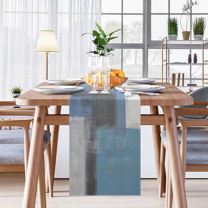 Emvency Farmhouse Table Runner, Vintage Grey Blue Abstract Art Painting for Kitchen Coffee Table Family Dinners Holiday Parties Wedding Events Decor(13x72 inch)
