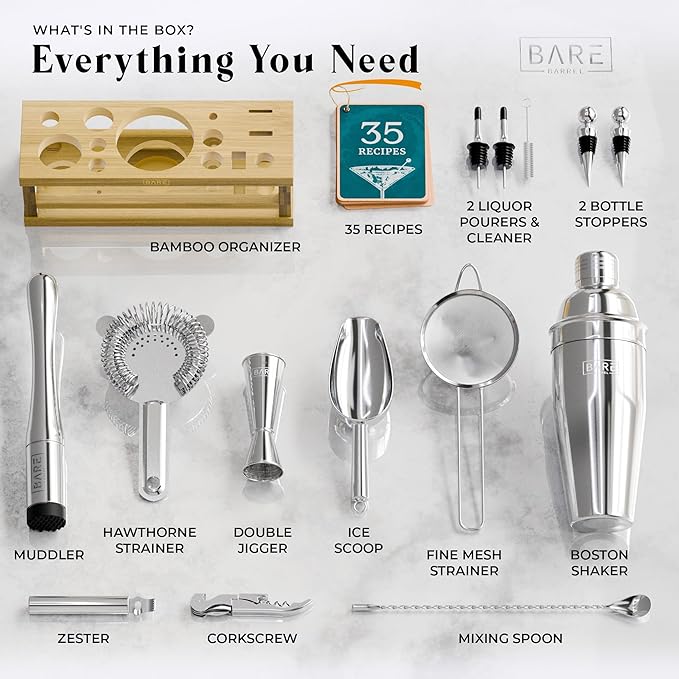 BARE BARREL® Mixology Bartender Kit Bar Set | 16-Piece Cocktail Shaker Set | Martini Barware Mixing Tools for Home Bartending | Incl. 35 Recipe Cards | Gift Set (24oz Cobbler Shaker, Silver/Natural)