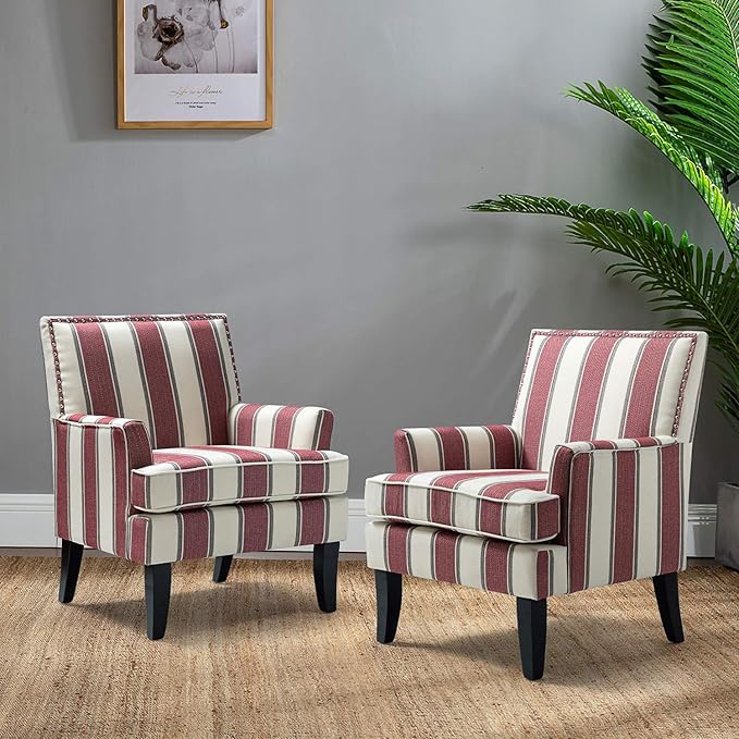 HULALA HOME Modern Accent Chairs Set of 2, Farmhouse High Back Striped Chairs with Wooden Legs & Nail Head Trim, Comfy Upholstered Armchairs for Living Room/Bedroom (Stripe Red)