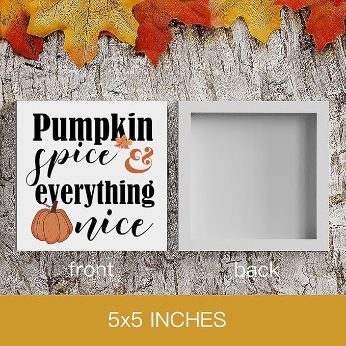 HTBIG Fall Wooden Box Sign Desk Decor, 5.1 X 5.1 Inch Pumpkin Autumn Wood Sign for Tiered Tray Decor for Home Living Room Harvest Day Thanksgiving Tabletop Decor-Pumpkin Spice Everything