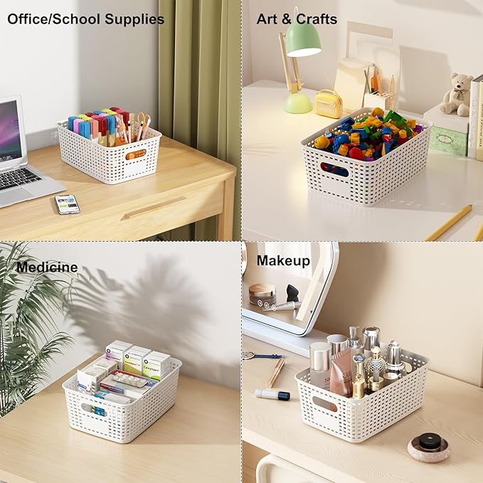 White Plastic Storage Baskets with Lids 12 Pack Stackable Storage Bins Containers for Shelves Organizing, Cute Decorative Storage Boxes for Classroom, Playroom, Closet, Pantry