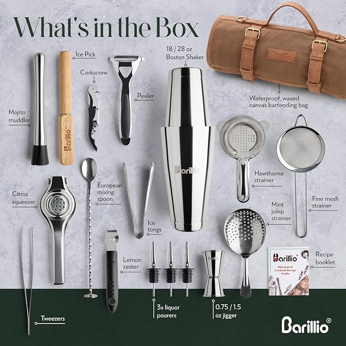 Barillio Bartender Kit Bag with Cocktail Shaker Set - Waxed Canvas, Traveling Bar Tools Bag with 17-Pc Cocktail Kit - Travel Mixology Bartending Kits - Mobile Bar Roll with Strap & Accessories