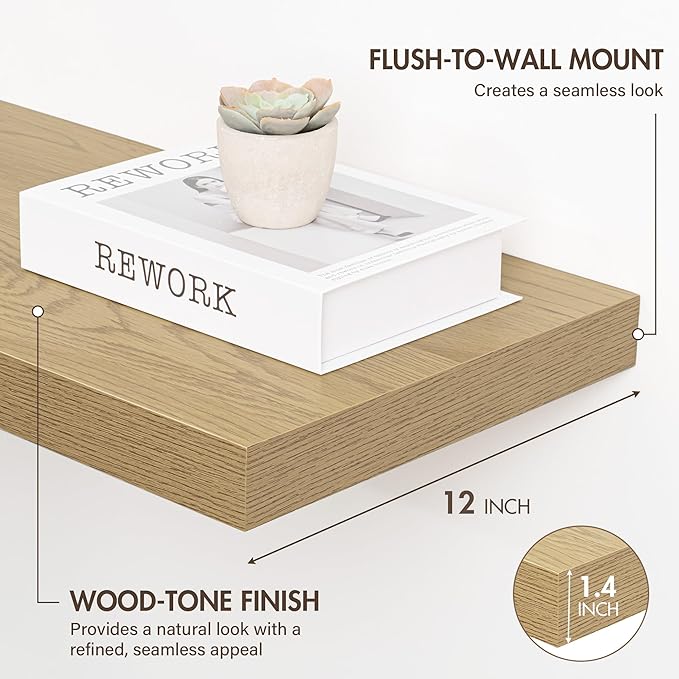 12 Inch Floating Shelves, 12" Deep Floating Shelf Wall Mounted, 12" Wall Shelves, Rustic Deep Bookshelf, Extra Deeper Display Shelves & Storage Shelves for Bedroom, Living Room, Set of 3