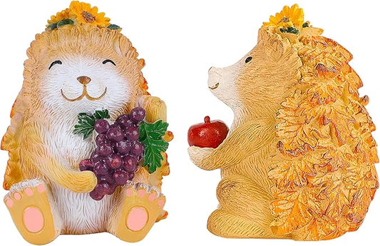 Lulu Home Fall Decorations for Home, 2 Packs Harvest Hedgehog Resin Sculpture with Maple Leaves & Fruits, Autumn Tabletop Ornaments Craft Decor for Thanksgiving and Fall Season