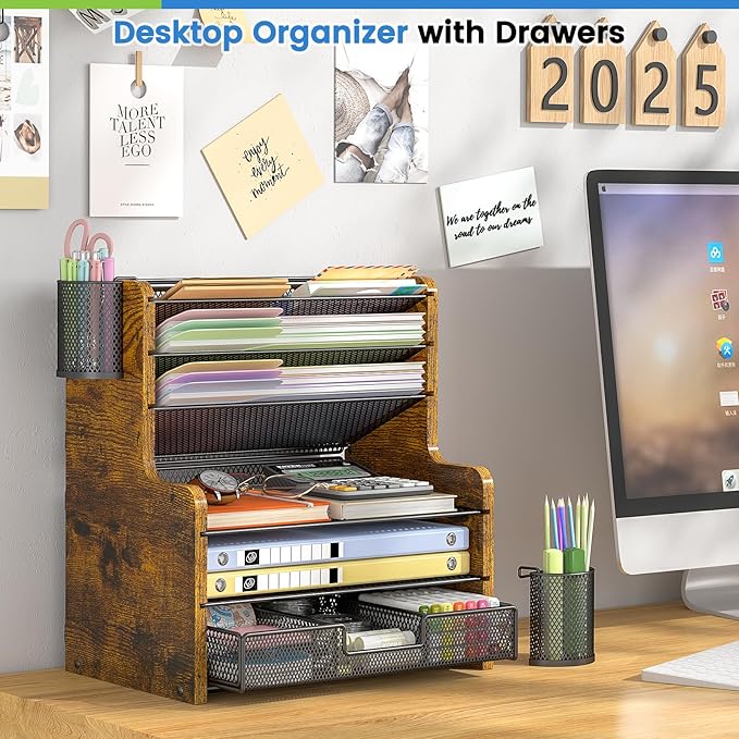 6-Tier Mesh Desk Organizer with Drawer, Wooden Office Organizer for Papers, Folders & Office Supplies - Sturdy Desktop File Holder with 2 Pen Holders - Space Saving Home Office Accessories