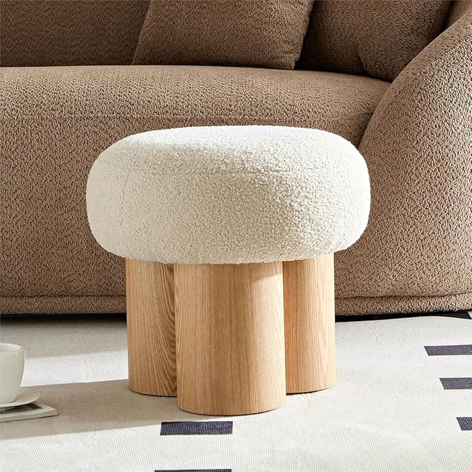 Small Round Foot Stool, Teddy Fabric Ottoman with Non-Skid Legs, Modern Footrest for Under Desk, Sofa Couch, Shoe Changing Bench for Entryway, Living Room, Bedroom, Office (Beige)