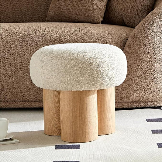 Small Round Foot Stool, Teddy Fabric Ottoman with Non-Skid Legs, Modern Footrest for Under Desk, Sofa Couch, Shoe Changing Bench for Entryway, Living Room, Bedroom, Office (Beige)