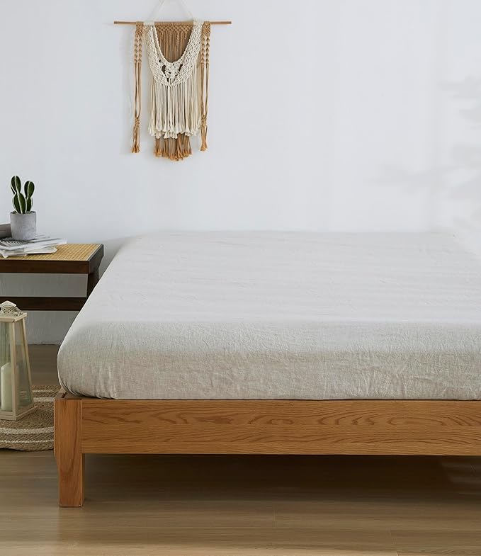 100% Linen Fitted Sheet King(1 Piece), 15 Inch Deep Pocket Mattress Cover French Flax Stone Washed Farmhouse Soft Breathable Bottom Sheets(Natural Linen, King)