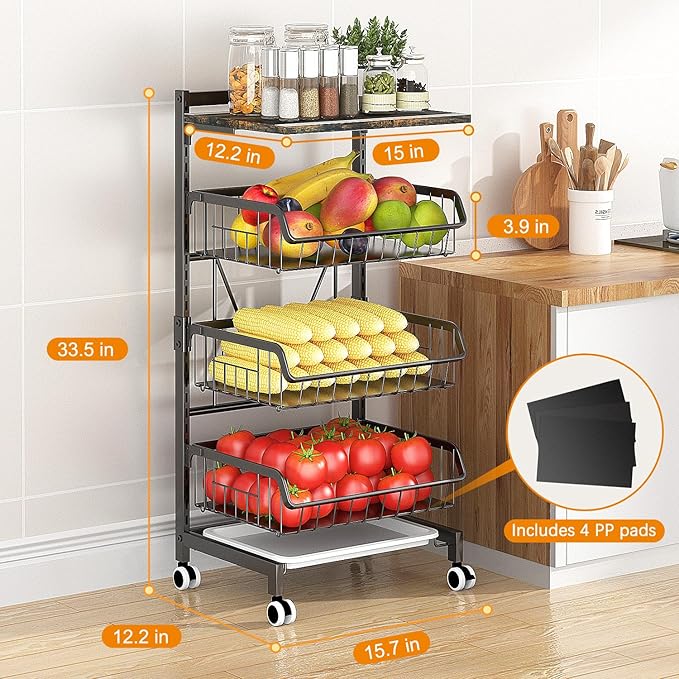 Kitchen Utility Cart with Wooden Top and 3 Adjustable Baskets - Height-Adjustable Rolling Storage Organizer with Locking Wheels for Pantry, Fruits, Vegetables, Snacks