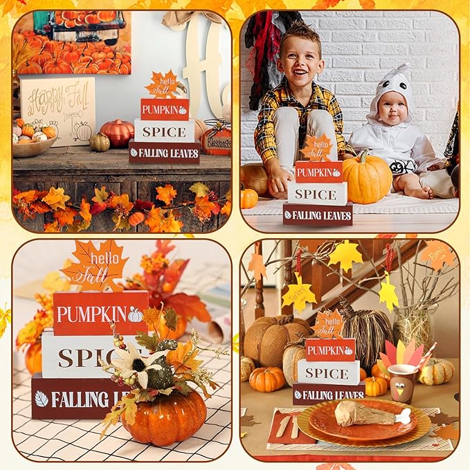 4 Pcs Fall Decor Wooden Table Centerpieces Fall Maple Leaf Block Sign Decorations for Home Wooden Tiered Tray Decor for Tabletop Decor Autumn Harvest Party Home Kitchen