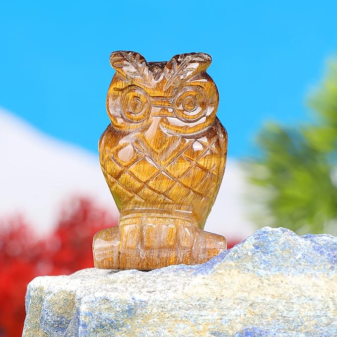 2" Yellow Tiger Eye Crystal Owl Figurine Gem Stone Owls Statue Animals Carving Owl Gifts for Home Office Decor