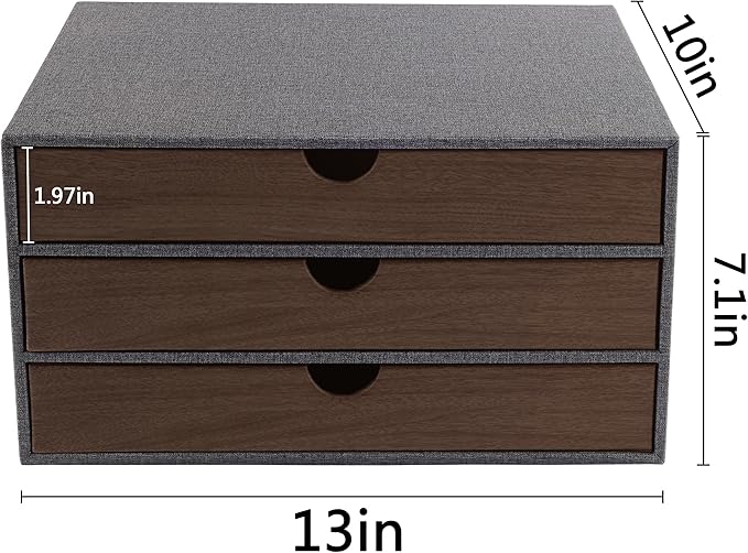 Cloth-effect Faux Leather Desk Organizer File Cabinet Executive Office Supplies Desktop Filing A4 Contract Document Stackable Storage Box with 3 Drawers (Grey)