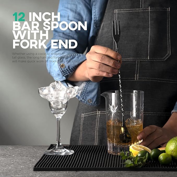 Homestia 3Pcs Black Muddler & Mixing Tools Set, 10'' Muddler, 12'' Cocktail Spoon and Double Jigger, Bar Tool Set for Beverages, Bar Accessories Tools for Mojitos Fruit Drinks (Black)