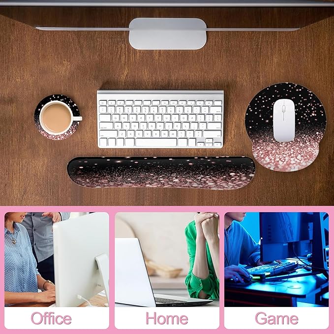 Rose Gold Glitter Mouse Pad with Wrist Rest and Keyboard Wrist Rest Set, Non-Slip Rubber Base Memory Foam Mouse Pad Set for Women, Office Desk Accessories, Gaming