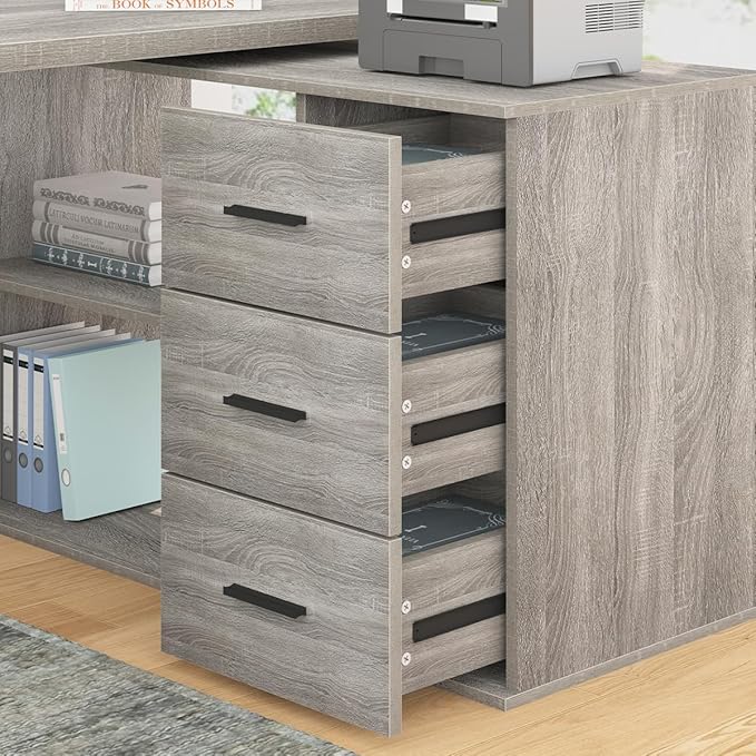 HSH 360° Rotating L Shaped Computer Desk with 3 Drawers and 2 Shelves, Home Office Swivel Desk for Work Writing Study Gaming, Reversible Wood Corner Desk with Storage Cabinet, Light Grey Oak, 55 Inch