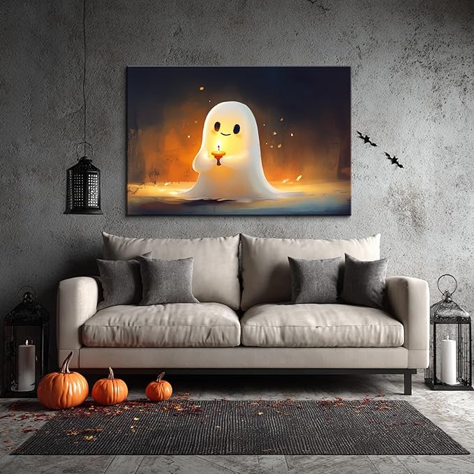 BANHUA1 Vintage Halloween Canvas Wall Art, Cute Ghost with Candle Picture Print, Dark Academia Wall Decor for Home, Living Room, Bedroom, 48 x 36 Inch