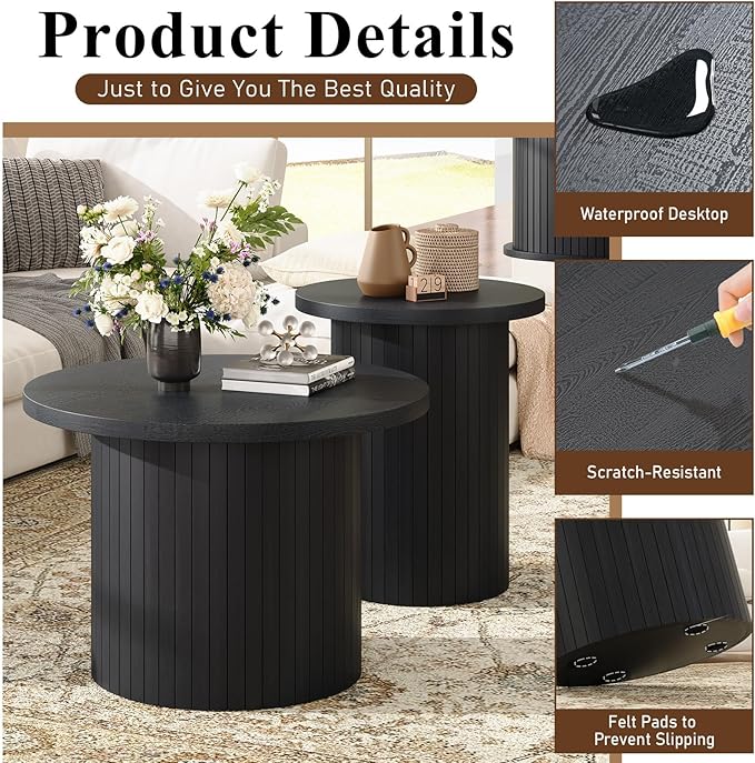Nesting Coffee Table Set of 2, Mid Century Modern Round Coffee Table, Wood Slat Side Table Set for Living Room, Office, Balcony, Textured Black