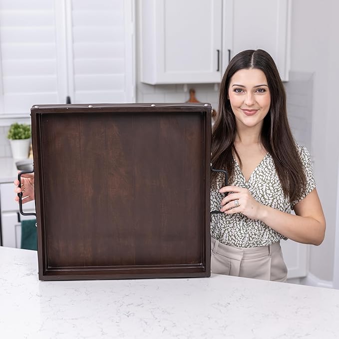 20"x20" Extra Large Square Ottoman Tray, Heavy Duty Mango Wood, for Serving Tea, Breakfast in Bed, Living Room Large Coffee Table Tray Rustic with Farmhouse Style, Decorative Handles and Accent Strap
