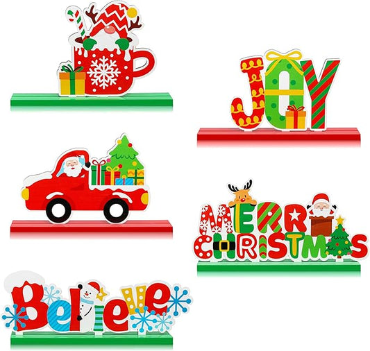 5PCS Christmas Table Decorations, Wooden Christmas Decorations, Seasonal Holiday Centerpieces, Winter Tabletop Display for Holiday Celebration, Xmas Home Decor