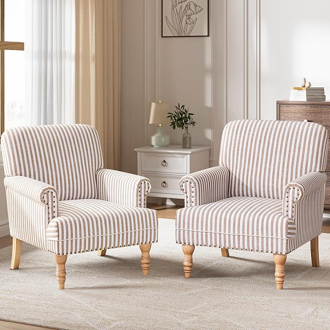 HUIMO Linen Fabric Accent Chairs Set of 2, Mid-Century Modern Armchair with Solid Wood Legs, Single Sofa Chair,Upholstered Reading Club Chair (2, Brown and White Stripe)