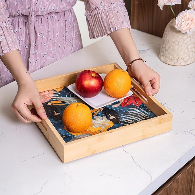 PEMAR 12.2" Square Bamboo Art Decor Tray with Handle, Food Drink Serving Tray for Breakfast Lap Bed Eating. Pattern Printed on Bamboo. Decorative Catchall Coffee Table Entryway Nightstand (Toucan)