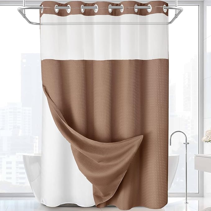 YellyHommy No Hook Shower Curtain with Snap in Liner Set Less Time Mocha Brown Waffle Shower Curtain for Bathroom 75" L x 72" W