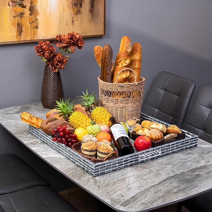 PEMAR Mother of Pearl 23.6" Square Extra Large Ottoman Tray with Insert Handles, Oversized Decorative Luxury Wooden Serving Tray for Food, Coffee Table, Breakfast in Bed (Dark Grey - White)