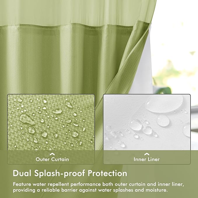 Mrs Awesome No Hook Shower Curtain with Snap-in Liner, Embossed Waffle Design Fabric Shower Curtain for Bathroom, Soft & Lightweight, 71x74, Sage Green