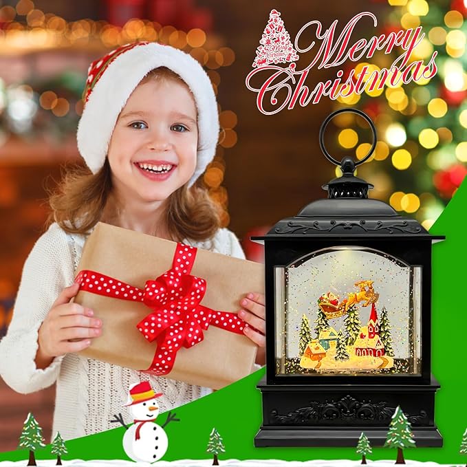 Christmas Snow Globes Lantern with Music & Timer - USB/Battery Operated LED Glittering Globe Lantern, Snow Globe Decoration for Home Holiday Decor (Reindeer)