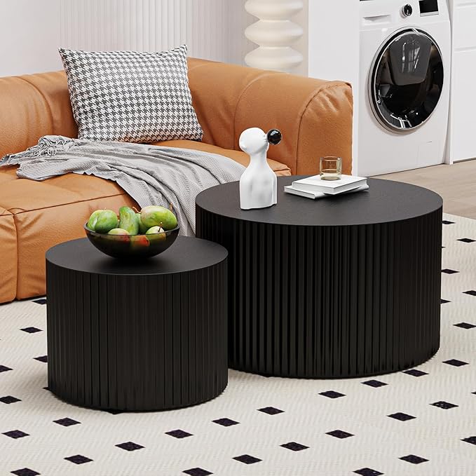 WXFKLDJ Round Nesting Coffee Table Set Cylindrical Wooden Coffee Table Sofa Center Table Circle Embossed Design Side Table for Living Room Apartment No Assembly (Round Black Small)