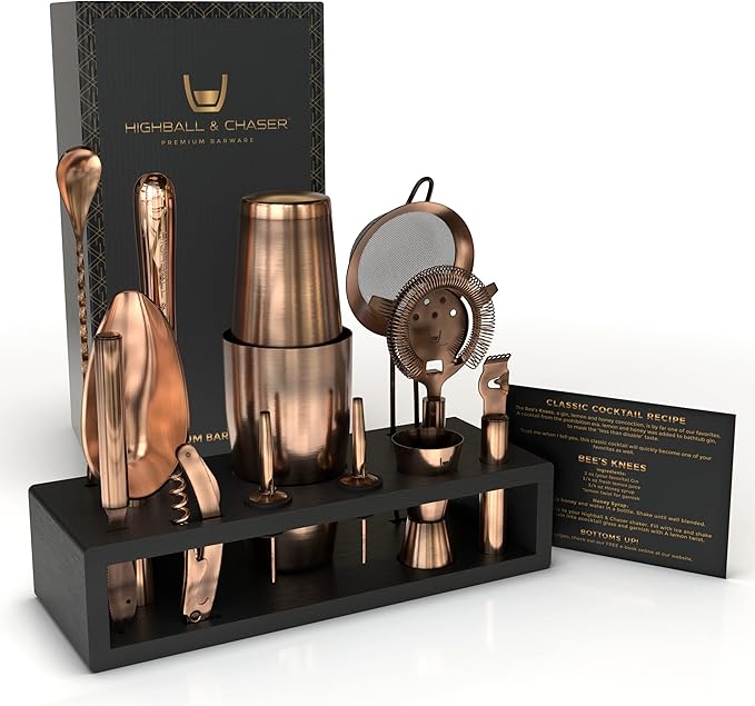 Highball & Chaser Bartender Kit with Black Bamboo Stand Beautiful Cocktail Shaker Set and Bar Tools Stainless Steel Boston Shaker Bartender Kit with Stand (Antique Copper)