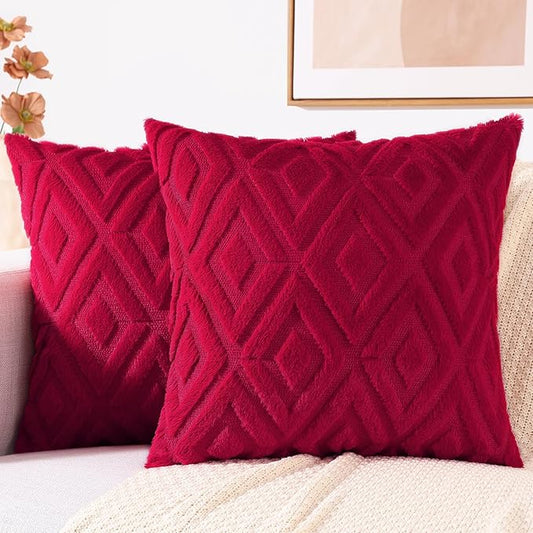 decorUhome Christmas Couch Throw Pillow Covers 24x24 Set of 2, Decorative Soft Plush Faux Wool Neutral Accent Pillow Covers for Bed Sofa Living Room, Red