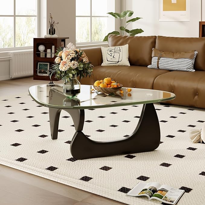 Coffee Table for Living Room Mid Century Modern Center Table with Glass Top and Oak Wood, Transparent/Black