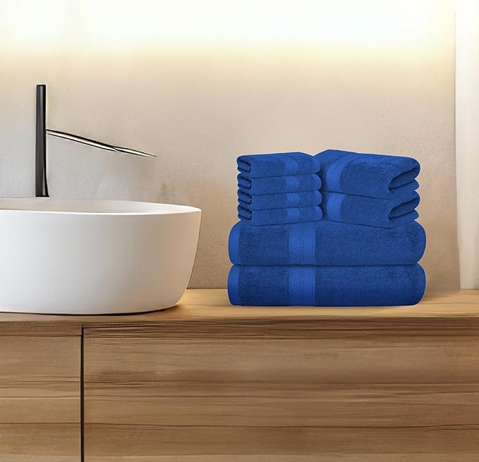 Avalon Towels Luxury 8 Piece Blue Towels Set, 2 Bath Towels, 2 Hand Towels and 4 Washcloths, 600 GSM 100% Ring Spun Cotton Highly Absorbent Royal Blue Bathroom Towels, Ideal for Hotel, Spa and Gym