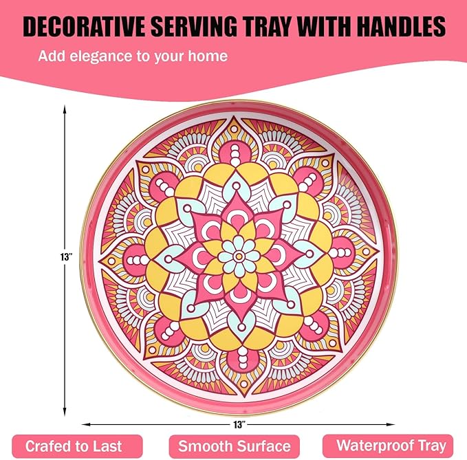 Round Pink Decorative Tray for Coffee Table, Ottoman, 13” Plastic Serving Platter Tray with Handles for Entertaining, Living Room