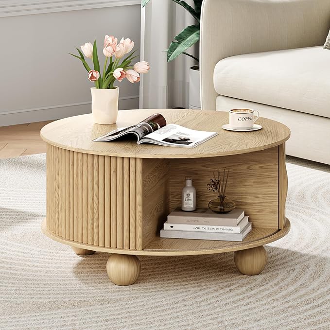 Round Coffee Table with Storage,31.5" Modern Coffee Table with Sliding Tambour Door & Bun Feet,Fluted Center Table for Living Room, Small Space,Oak