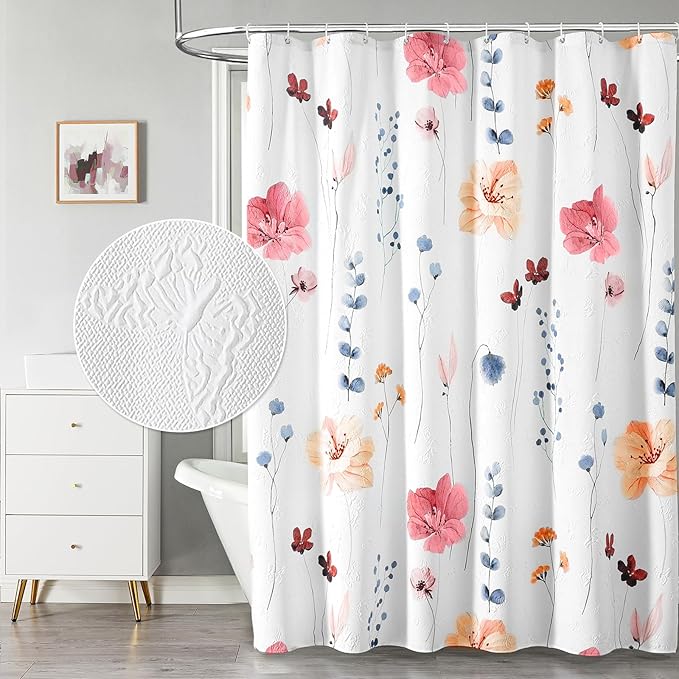 QiyI Watercolor Floral Shower Curtain, 3D Embossed Butterflies Peach Pink Flower Bathroom Curtain, Minimalist White Cloth Bath Curtain, Waterproof Fabric Textured Shower Curtain Set with Hooks, 72x72