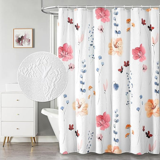 QiyI Watercolor Floral Shower Curtain, 3D Embossed Butterflies Peach Pink Flower Bathroom Curtain, Minimalist White Cloth Bath Curtain, Waterproof Fabric Textured Shower Curtain Set with Hooks, 72x72
