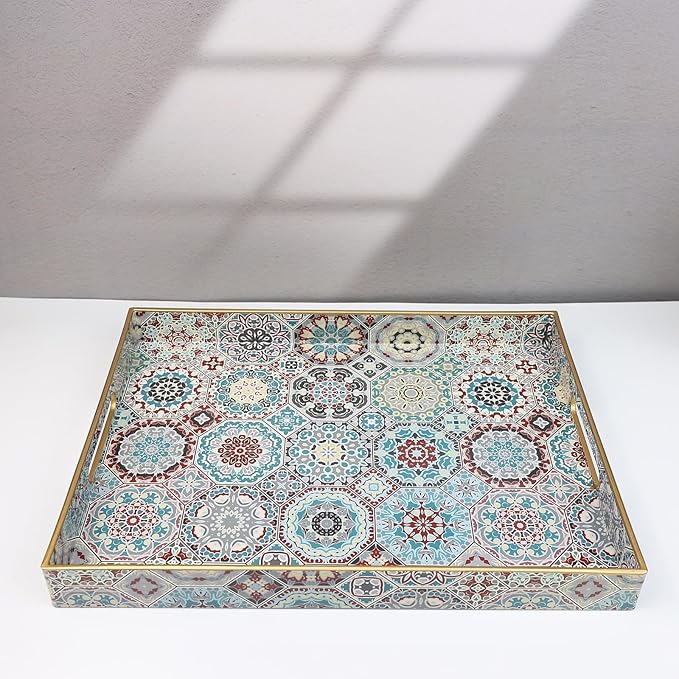 Spsyrine Decorative Serving Tray with Handles, Lacquered Coffee Table Tray for Ottoman, Rectangular Waterproof Platters for Centerpieces, Parties, Living Room, Kitchen Counter Organization SP3040RE2
