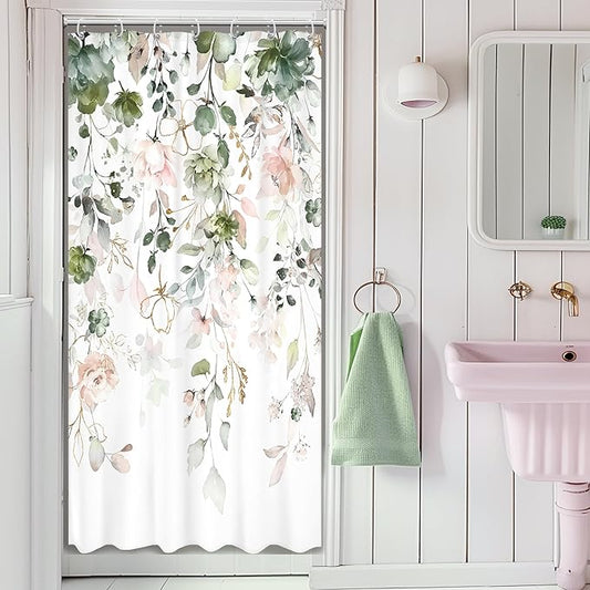 Small Stall Floral Flower Shower Curtain 36Wx72L Inch Spring Gold Eucalyptus Leaves Green Pink Wildflower Rustic Bathroom Set Watercolor Plant Bath Curtain Bathtub Accessories Home Decor