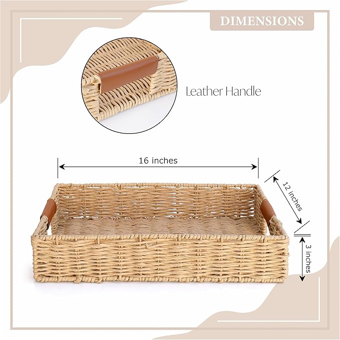 Rattan Organizer with Leather Handles – Decorative Wicker for Home Decor – Versatile Storage & Serving Solution for Kitchen and Living Room (Medium-Rectangle)