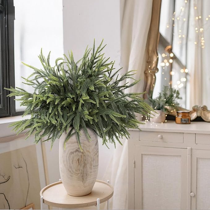 N&T NIETING 24" Christmas Norfolk Pine Branches, Real Touch Norfolk Pine Artificial Christmas Stems DIY Crafts Faux Pine Branches for Xmas Indoor Outdoor Home Decor (6 Pcs)